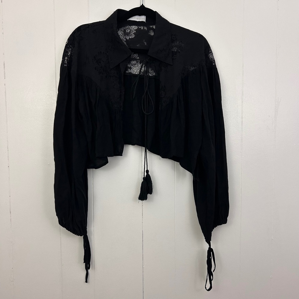 House of Harlow 1960 Black Lace Cropped Blouse Tassel Tie Boho Top Womens
